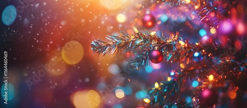 Close up of a decorated Christmas tree with colorful lights and ornaments evoking a warm festive holiday atmosphere
