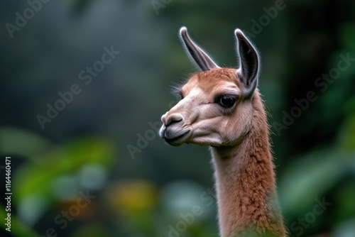 A close-up of a curious llama reveals its gentle features and unique fur texture, inviting the viewer to appreciate the intricacies of wildlife in a forest setting.