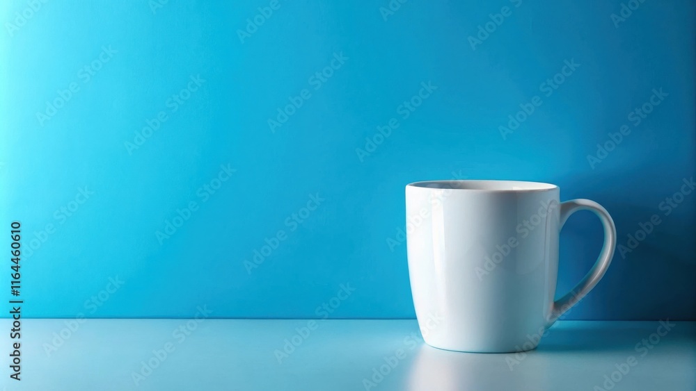 A single blank white mug sits on a pale surface against a vibrant blue backdrop A single blank white mug sits on a pale surface against a vibrant blue backdrop