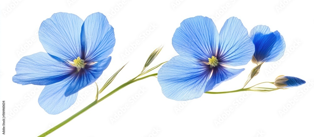 Fototapeta premium Vibrant blue flax flowers with intricate petal details against a white background for botanical studies and floral design inspiration