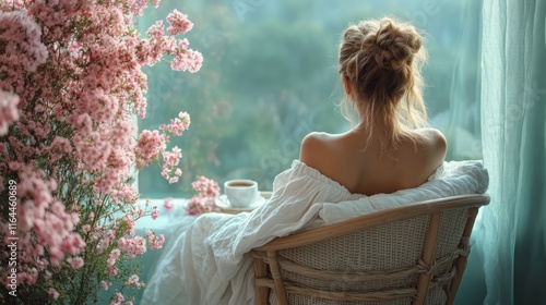 Relaxing morning indoors with plants and coffee in a cozy chair
