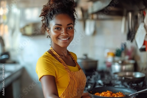 Smiling woman cooking in a bright kitchen during day time, showing passion fo...