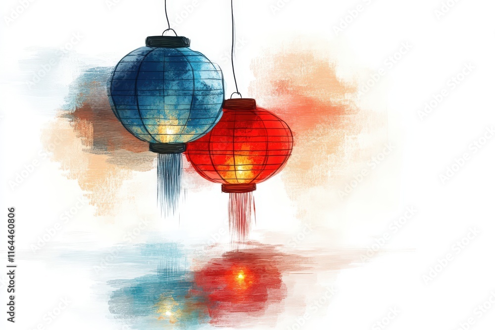 Obraz premium Two vibrant lanterns, one blue and one red, hang gracefully against a soft, colorful backdrop, reflecting a serene ambiance.