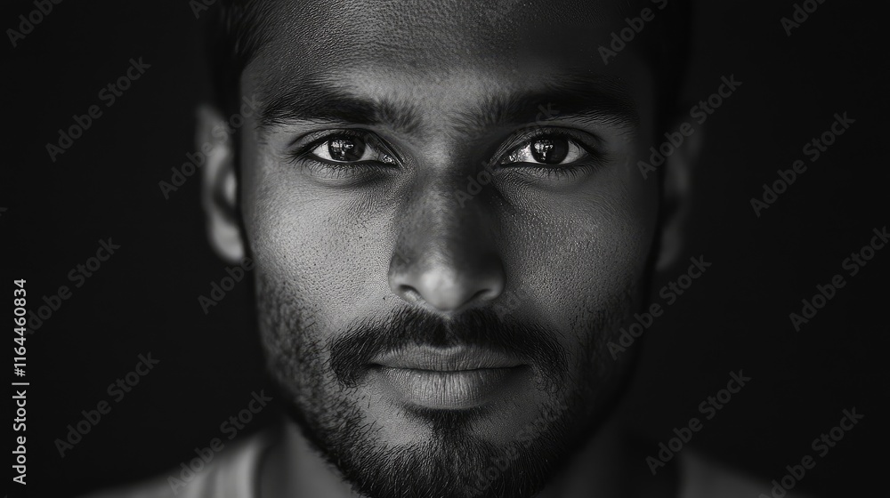 Close up portrait of a confident man with striking features highlighting emotions in a dramatic black and white monochrome style Close up portrait of a confident man with striking features highlighting emotions in a dramatic black and white monochrome style