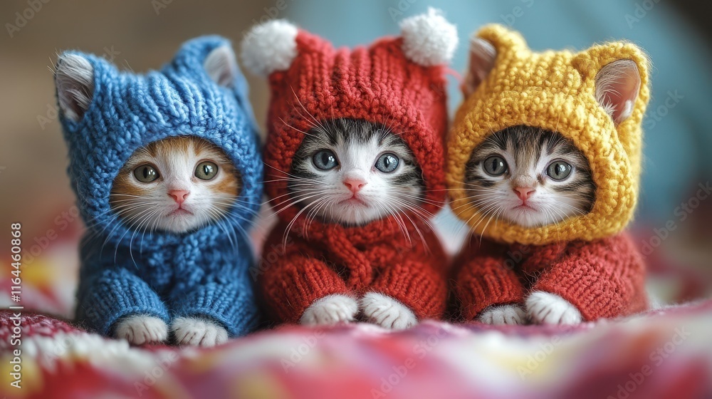 Fototapeta premium Three playful kittens wear bright, knitted sweaters while sitting together on a soft blanket. Their cute expressions and vibrant colors create a heartwarming atmosphere. Generative AI