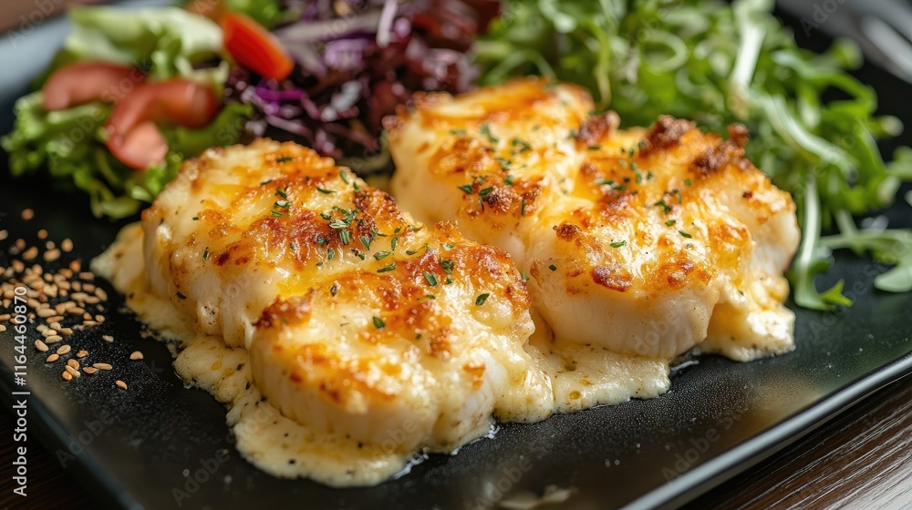 Baked Scallops au Gratin Served with Fresh Salad on a Black Plate in Gourmet Presentation Baked Scallops au Gratin Served with Fresh Salad on a Black Plate in Gourmet Presentation
