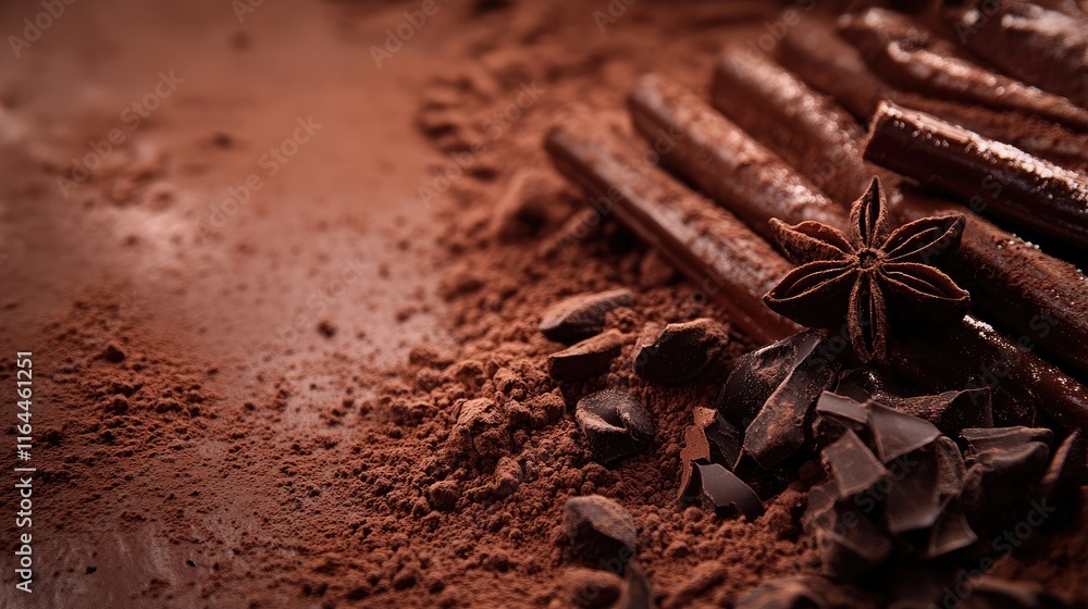 Fototapeta premium Cinnamon sticks and cocoa powder with dark chocolate pieces on a textured background for culinary and holiday themed compositions