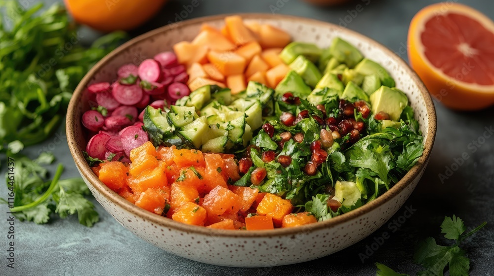Vibrant salad bowl filled with fresh vegetables and fruits showcasing healthy ingredients for a nutritious meal option on a rustic table background Vibrant salad bowl filled with fresh vegetables and fruits showcasing healthy ingredients for a nutritious meal option on a rustic table background