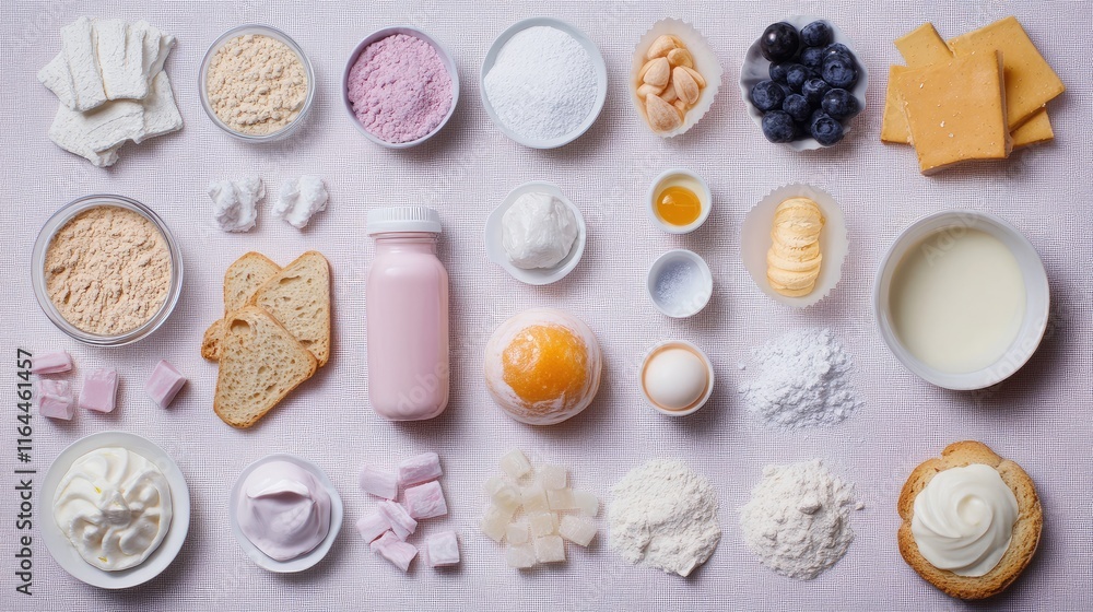 Assorted bakery ingredients arranged on a surface showcasing flour, sugar, dairy, fruits, and other baking essentials for culinary creativity Assorted bakery ingredients arranged on a surface showcasing flour, sugar, dairy, fruits, and other baking essentials for culinary creativity
