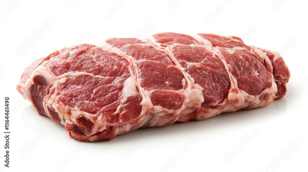 Fototapeta premium Freshly prepared pork roast on a clean white background showcasing marbled meat texture ready for cooking or presentation in a culinary setting.