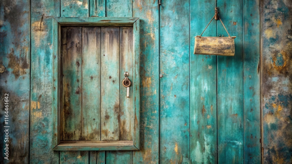 Rustic Weathered Teal Wooden Wall with Small Door and Hanging Log Container Rustic Weathered Teal Wooden Wall with Small Door and Hanging Log Container