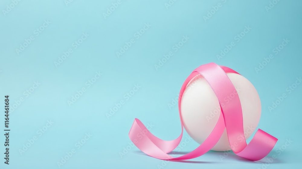 Close up of a pink ribbon elegantly draped over a white bouncy ball against a soft blue backdrop with room for text or branding. Close up of a pink ribbon elegantly draped over a white bouncy ball against a soft blue backdrop with room for text or branding.