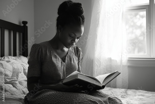 Woman reading a book by the window in a cozy bedroom in soft light