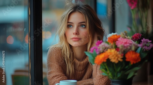 Young woman enjoying coffee in cafe surrounded by beautiful flowers on a sunn...