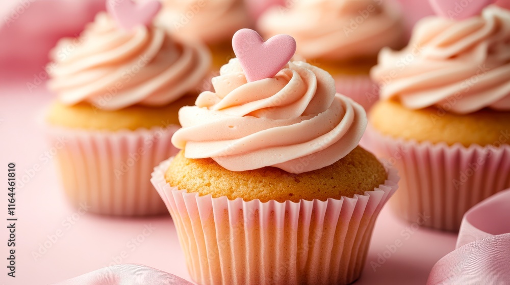 Delicious cupcakes with soft pink frosting and charming heart decorations sit elegantly against a pastel backdrop, perfect for use in bakery promotions, party invites Delicious cupcakes with soft pink frosting and charming heart decorations sit elegantly against a pastel backdrop, perfect for use in bakery promotions, party invites
