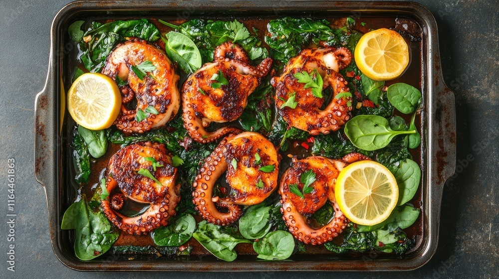 Baked octopus with spinach and lemon on a baking sheet showcasing a flavorful seafood dish in a flat lay presentation Baked octopus with spinach and lemon on a baking sheet showcasing a flavorful seafood dish in a flat lay presentation