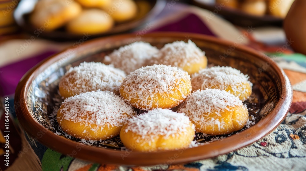 Traditional Cocadas Coconut Dessert on Rustic Plate Garnished with Shredded Coconut and Sugar in Colorful Setting Traditional Cocadas Coconut Dessert on Rustic Plate Garnished with Shredded Coconut and Sugar in Colorful Setting