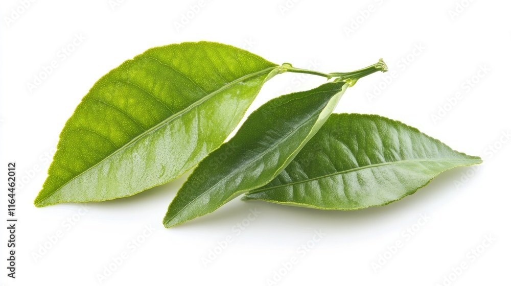 Obraz premium Fresh citrus leaves on white background showcasing vibrant green hues and natural textures for culinary or herbal design use.