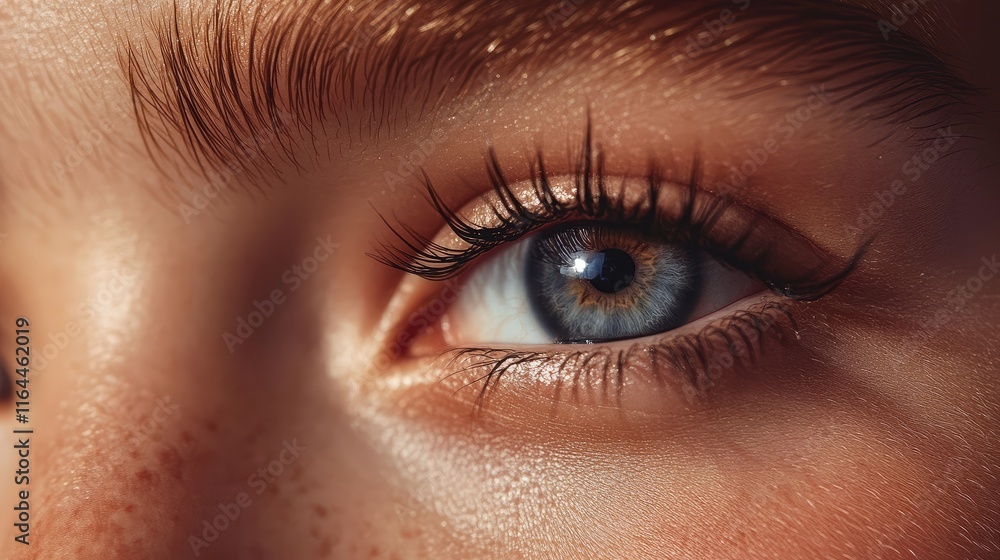 Fototapeta premium Close up of vibrant blue eye showcasing flawless black mascara and beautifully defined fluttery eyelashes for eye makeup beauty trends