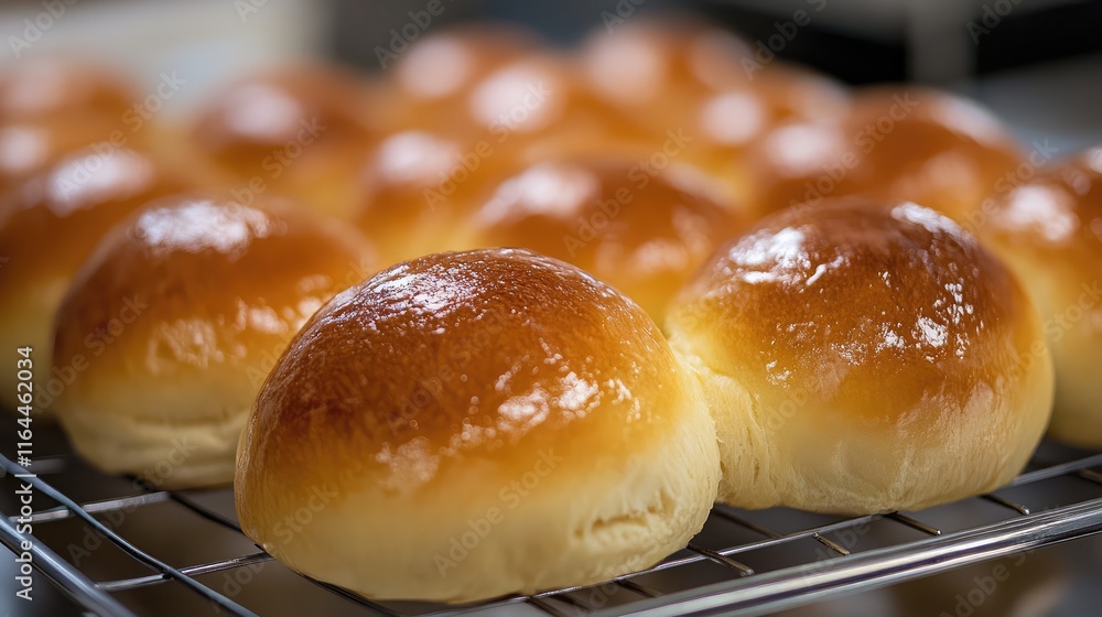 Freshly baked golden sweet buns cooling on a wire rack in a bakery showcasing their soft texture and glossy surface. Freshly baked golden sweet buns cooling on a wire rack in a bakery showcasing their soft texture and glossy surface.
