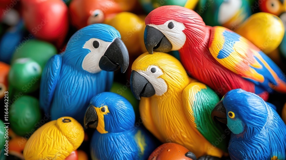 Obraz premium Colorful collection of vibrant plastic parrot toys featuring blue and gold macaws and other exotic birds on a playful background.