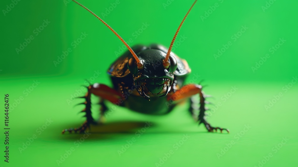 Fototapeta premium Cockroach with detailed features on vibrant green background showcasing its unique textures and colors in macro photography