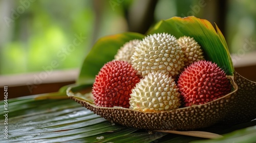 Colorful ciplukan fruits displayed on a leaf with a blurred background showcasing their unique textures and hues in natural lighting photo