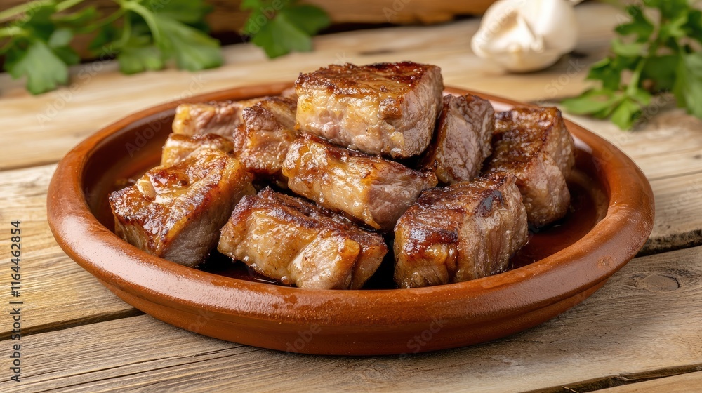 Deliciously baked succulent pork pieces served on a rustic clay plate garnished with fresh herbs and garlic on a wooden table. Deliciously baked succulent pork pieces served on a rustic clay plate garnished with fresh herbs and garlic on a wooden table.