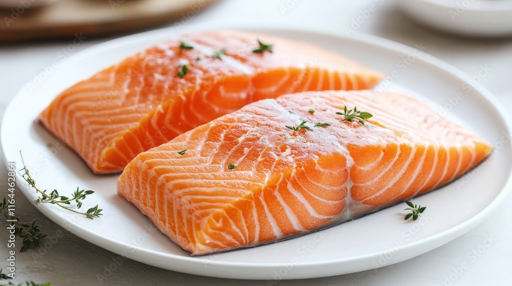 Freshly prepared salmon fillets garnished with thyme on a white plate ready for cooking or serving in a healthy meal setting Freshly prepared salmon fillets garnished with thyme on a white plate ready for cooking or serving in a healthy meal setting