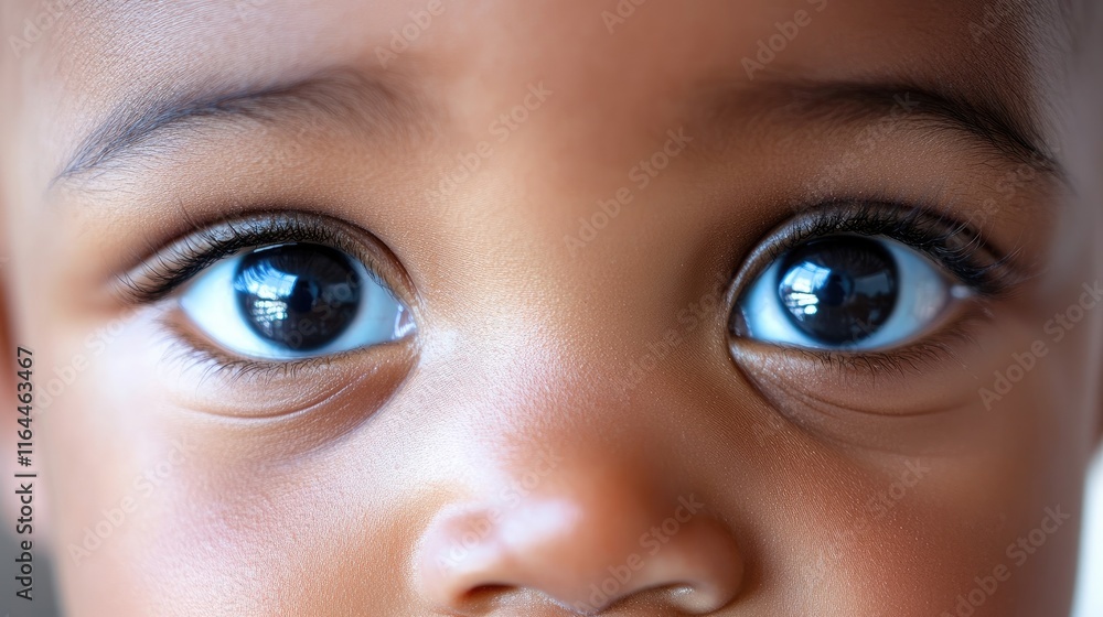 Naklejka premium Close up portrait of a young African American boy highlighting his expressive eyes and innocent charm against a soft background