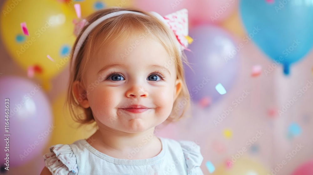 Joyful Toddler Smiling Amidst Colorful Balloons and Confetti at a Vibrant Birthday Celebration Joyful Toddler Smiling Amidst Colorful Balloons and Confetti at a Vibrant Birthday Celebration
