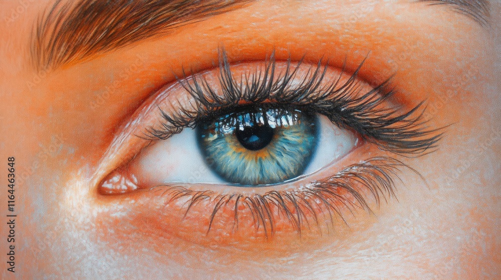 Obraz premium Detailed close-up of a woman's eye highlighting vivid blue iris and long eyelashes showcasing beauty and elegance in natural lighting.