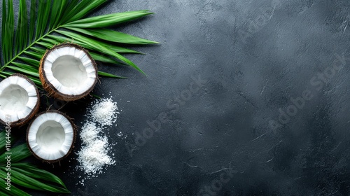 Fresh coconut halves are displayed alongside grated coconut and tropical palm leaves on a textured dark surface, This image is ideal for culinary, health, or tropical-themed media, photo