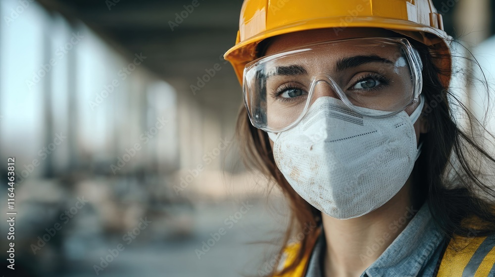 Female engineer in safety gear and mask conducting contamination inspection at construction site with focus and determination. Female engineer in safety gear and mask conducting contamination inspection at construction site with focus and determination.