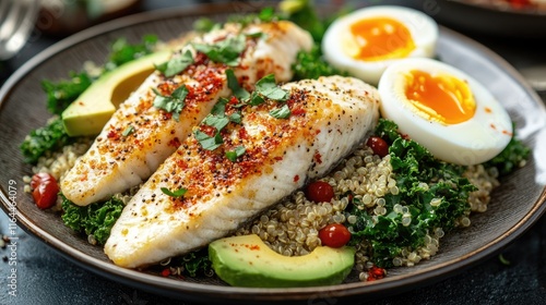 Baked fish with quinoa kale avocado and soft boiled eggs on a plate healthy gourmet meal presentation