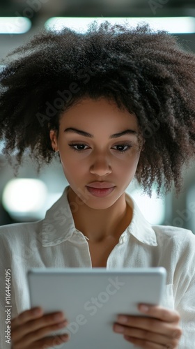 Young woman engaged in reading on a tablet in a cozy indoor environment durin...