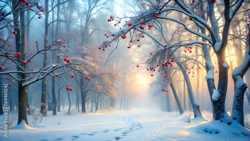 A serene winter landscape with snow-covered trees and frosty forest floor, surrounded by a misty atmosphere, featuring bare branches and winter berries , bare branches, winter landscape