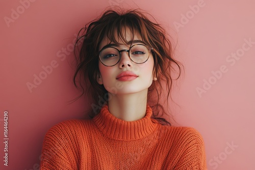Young woman with glasses poses against a pink wall wearing a yellow jacket an...