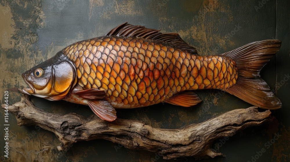 Realistic sculpture of a carved carp fish displayed on a textured background with natural wood elements showcasing intricate details and craftsmanship. Realistic sculpture of a carved carp fish displayed on a textured background with natural wood elements showcasing intricate details and craftsmanship.