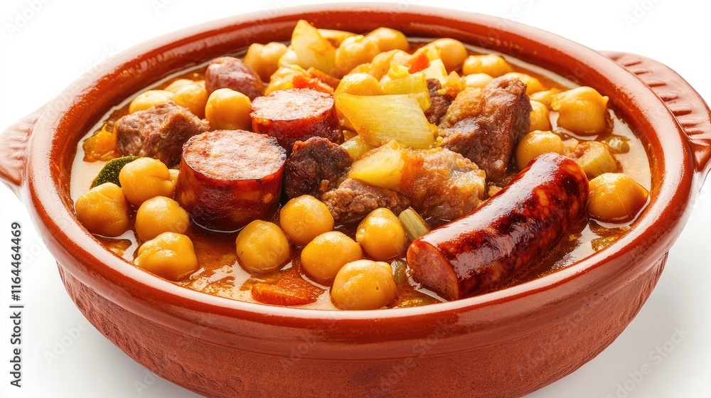 Cocido traditional Spanish stew featuring chickpeas meat sausages and vegetables served in a rustic bowl against a white background Cocido traditional Spanish stew featuring chickpeas meat sausages and vegetables served in a rustic bowl against a white background