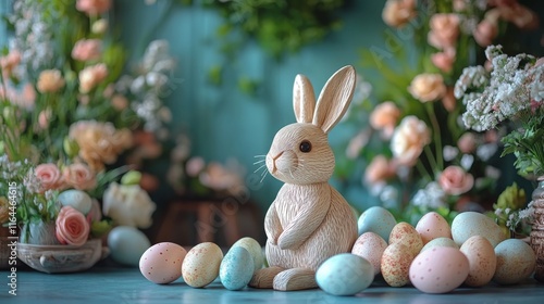 Wooden bunny decoration with pastel eggs and flowers in springtime setting