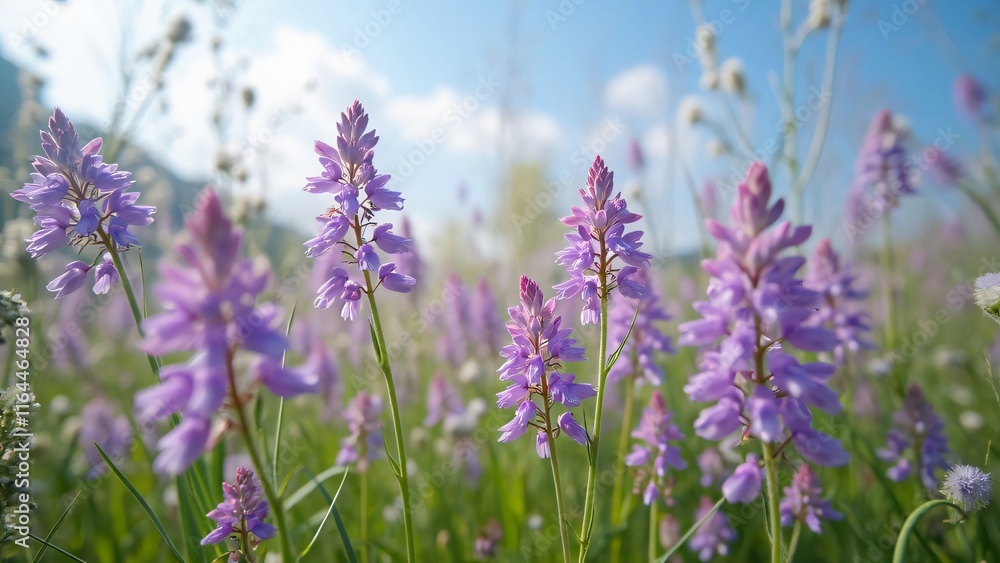 Vibrant Purple Alliaria Flowers Blooming in Lush Green Meadow, Close-Up Spring Floral Photography Vibrant Purple Alliaria Flowers Blooming in Lush Green Meadow, Close-Up Spring Floral Photography