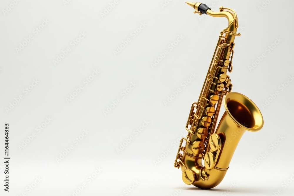 Naklejka premium Gleaming gold saxophone, pristine white backdrop, isolated, shiny