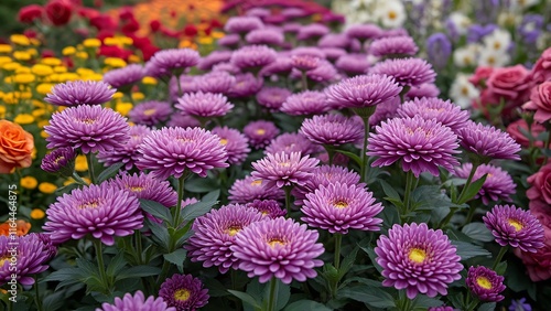 Vibrant Purple Mums Garden Center Still Life, Red Roses, Yellow Daisies, Lavender Lilies photo