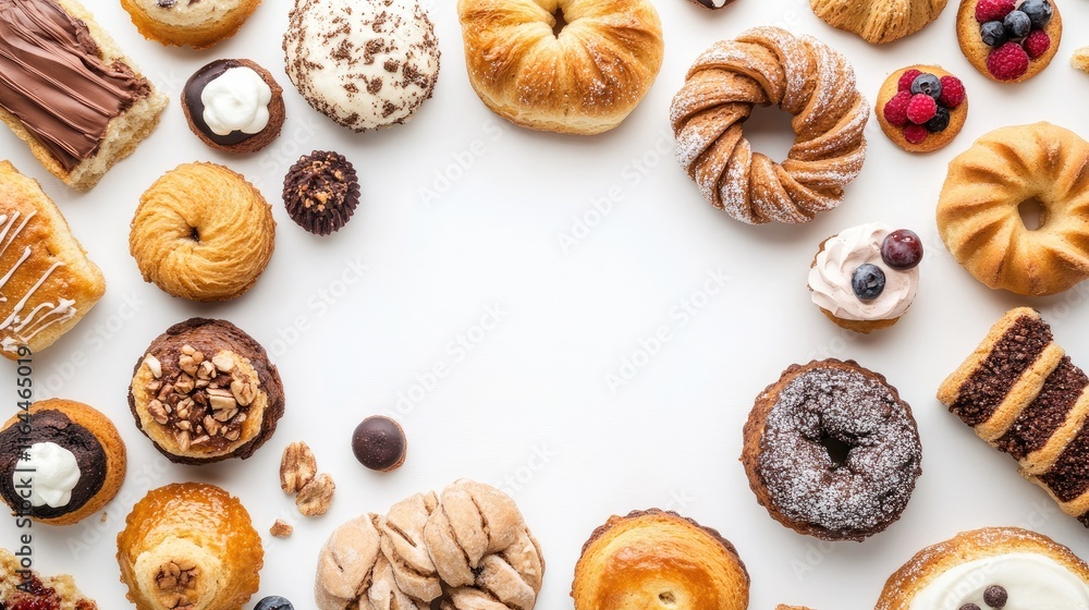 assorted delicious baked goods displayed on a white background showcasing variety of pastries and desserts for culinary designs assorted delicious baked goods displayed on a white background showcasing variety of pastries and desserts for culinary designs