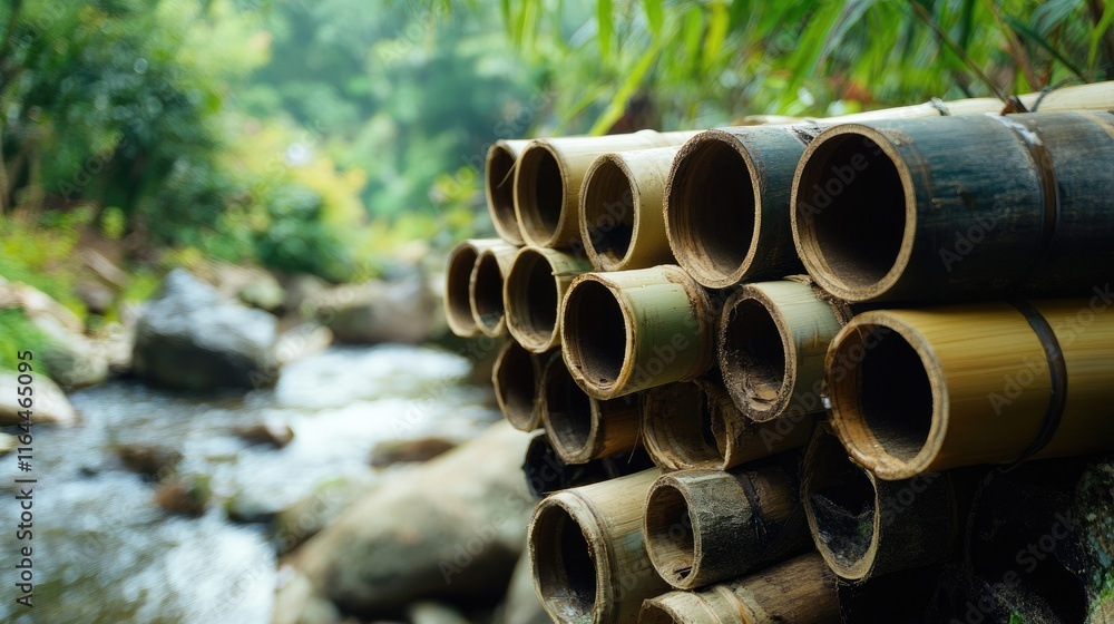 Bamboo Water Pipeline for Eco-Friendly Pollution Recycling in Lush Asian Forest Landscape Bamboo Water Pipeline for Eco-Friendly Pollution Recycling in Lush Asian Forest Landscape