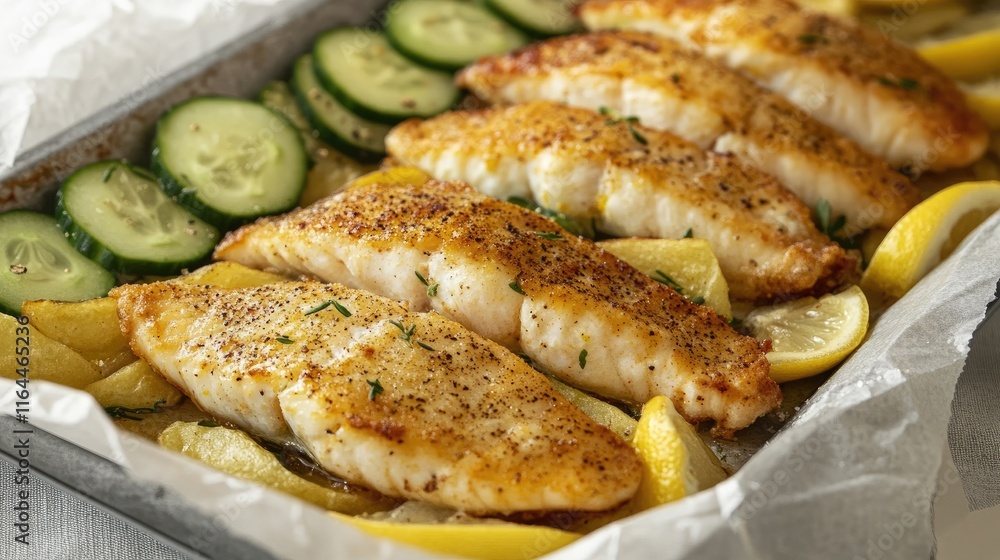 Baked fish fillets with crispy chips garnished with cucumber and lemon slices on a gray platter served on a tablecloth Baked fish fillets with crispy chips garnished with cucumber and lemon slices on a gray platter served on a tablecloth