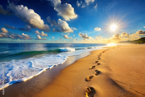 A realistic summer beach scene with footprints in the sand leading to the water.
Desktop wallpaper