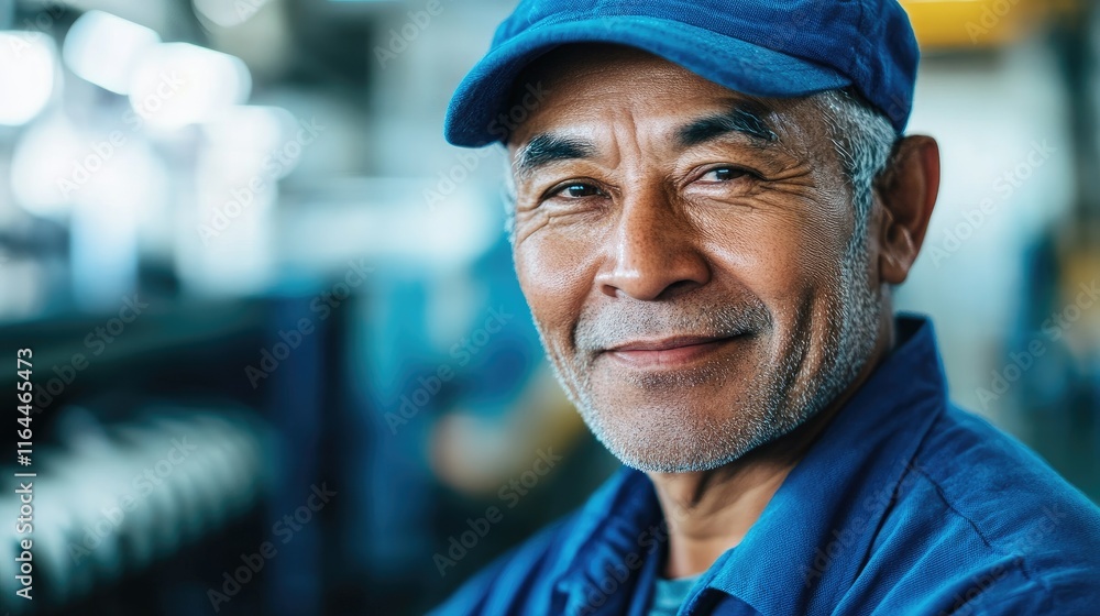 Close up portrait of a confident factory employee wearing a blue cap smiling in a manufacturing environment showcasing hard work and dedication Close up portrait of a confident factory employee wearing a blue cap smiling in a manufacturing environment showcasing hard work and dedication