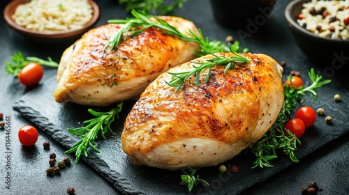 Grilled chicken breast served with a rosemary garnish and mixed rice on a dark slate background showcasing a healthy meal option. photo